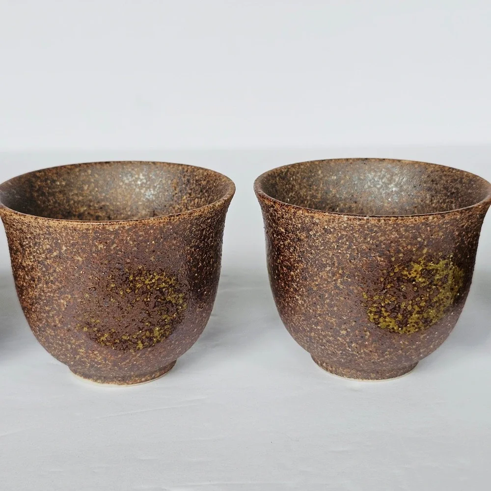 Vtg Japanese Style Tea Cup Set 5 Brown Speckled Pottery Wabi Sabi Rustic Earthy‎